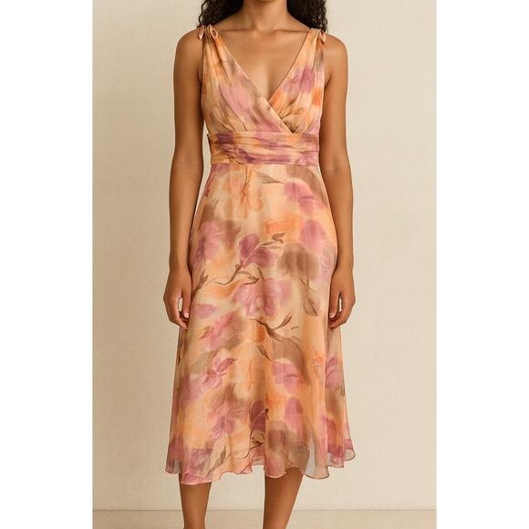 Vintage Patra Floral Chiffon Midi Dress – Size 12, Sleeveless V-Neck - Picture 1 of 6